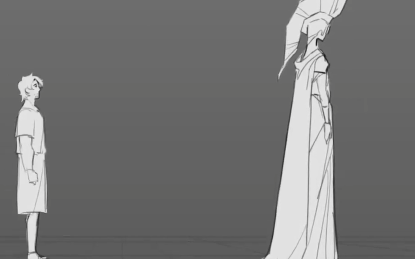 White line-art still of a young man facing the goddess Athena in a tall crested helmet, concept art for the EPIC: The Musical Minecraft videos