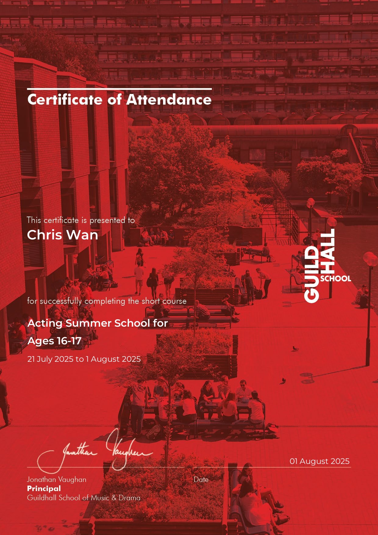 Guildhall School of Music and Drama Certificate of Attendance — Acting Summer School for Ages 16-17, 21 July to 1 August 2025